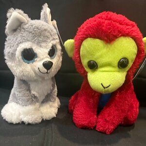 2 Stuffed Animal Toy Siberian Husky Puppy Wolf Dog Plush 7" and Monkey